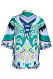 Purple Casual Print Patchwork Buckle Turndown Collar Half Sleeve Two Pieces