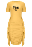 Yellow Casual Print Tassel O Neck Pencil Skirt Dresses
