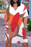 Оранжево-белое модное повседневное платье в стиле пэчворк с V-образным вырезом и коротким рукавом