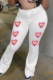 Weiße, lässig bedruckte Patchwork-Jeans mit hoher Taille und Bootcut-Denim