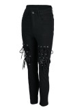 Zwarte casual straatbandage uitgeholde patchwork hoge taille denim jeans