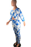 Blue Casual Print Tie Dye Patchwork Asymmetrical O Neck Long Sleeve Two Pieces