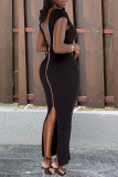 Black Casual Print Patchwork Backless Zipper V Neck One Step Skirt Dresses