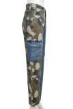 Blauwe casual rechte denim jeans met camouflageprint en patchwork midden taille