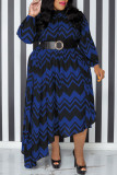 Blå Casual Print Patchwork med bälte O-hals Oregelbunden klänning Plus Size Klänningar