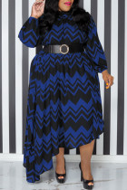 Blauwe casual print patchwork met riem O-hals onregelmatige jurk Grote maten jurken