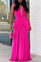 Розовое сексуальное однотонное длинное платье в стиле пэчворк с разрезом и V-образным вырезом Платья