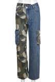 Jeans jeans azul casual com estampa de camuflagem patchwork cintura média reta