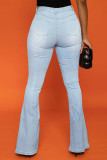 Jeans jeans azul bebê casual patchwork sólido de cintura alta com corte de bota