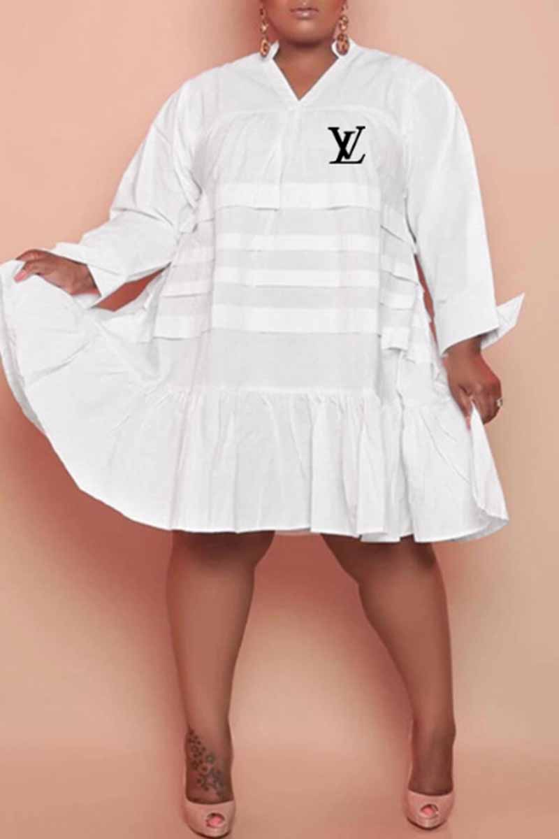 

White Fashion Casual Print Letter V Neck Princess Plus Size Dresses