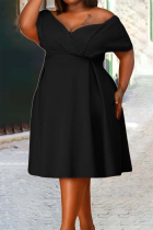 ブラック カジュアル ソリッド パッチワーク オフショルダー ケーキスカート ドレス