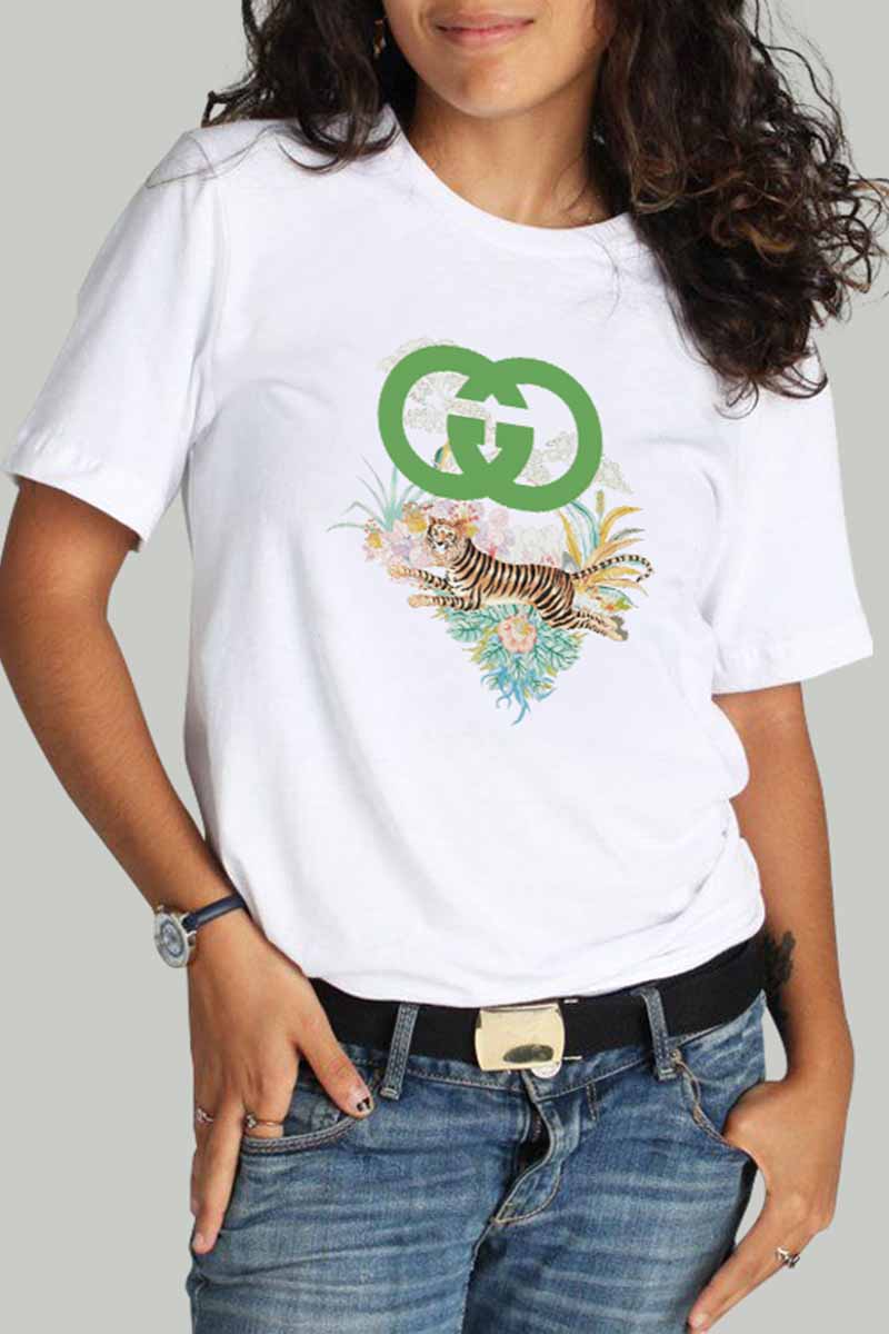 

White Fashion Casual Print Letter O Neck T-Shirts