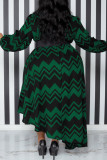 Tinta verde casual estampado patchwork con cinturón cuello redondo vestido irregular vestidos de talla grande