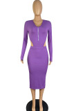 Purple Sexy Solid Patchwork Slit Zipper V Neck Long Sleeve Two Pieces