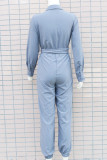 Grey Casual Solid Bandage Patchwork V Neck Straight Jumpsuits
