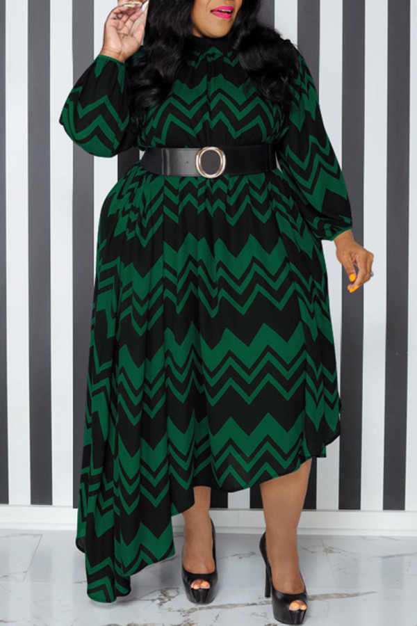 Bläck Grön Casual Print Patchwork med bälte O-hals Oregelbunden klänning Plus Size Klänningar