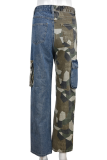Blå Casual Camouflage Print Patchwork Rak denim jeans med mitten av midjan
