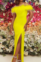 gele sexy elegante effen patchwork veren split uit de schouder avondjurk jurken