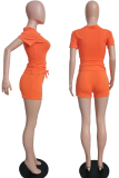 Orange Fashion Print Patchwork O Neck Short Sleeve Two Pieces