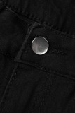 Schwarze, lässige Street Bandage, ausgehöhlte Patchwork-Denim-Jeans mit hoher Taille