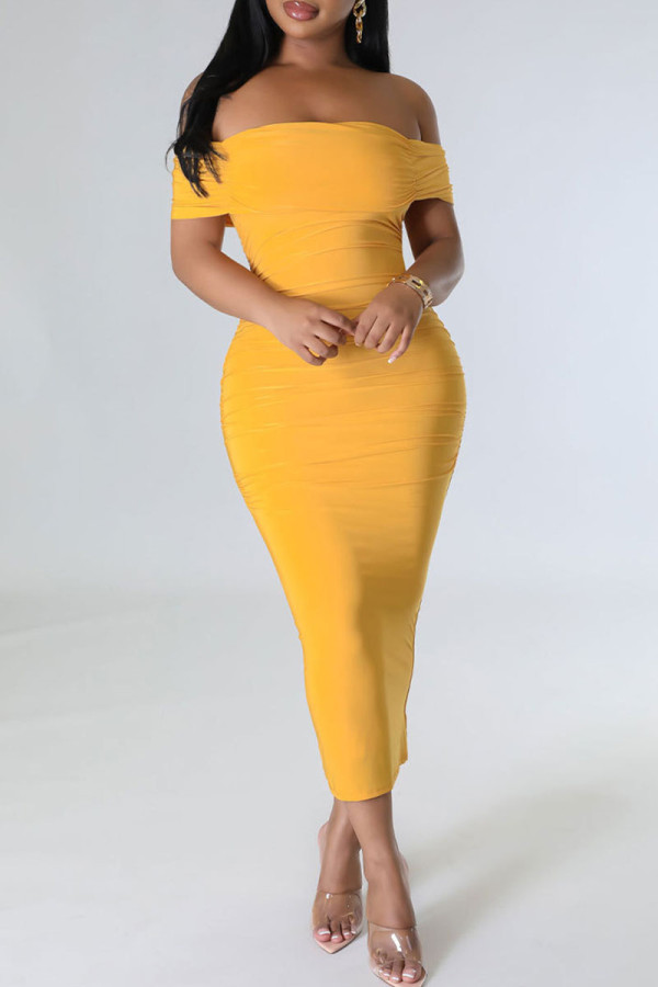 Vestidos de falda de un paso con hombros descubiertos de patchwork sólido sexy amarillo