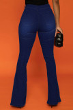 Calça jeans azul casual patchwork sólida cintura alta com corte de bota