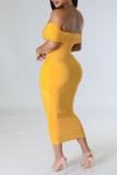 Robes de jupe en une étape jaune sexy en patchwork solide sur l'épaule