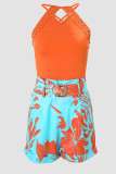 Tangerine Red Casual Print Patchwork Beading O Neck Sleeveless Two Pieces