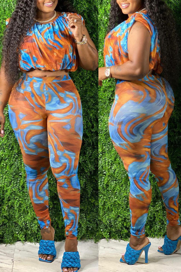 Oranje Blauw Sexy Print Patchwork O Neck Plus Size Twee Stukken