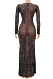 Zwarte sexy effen patchwork doorzichtige hete boor v-hals lange jurk jurken