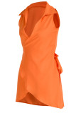 オレンジカジュアルソリッドパッチワーク非対称ターンダウンカラードレス
