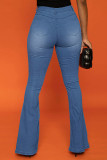 Jeans blu casual con taglio a stivaletto a vita alta con patchwork solido blu