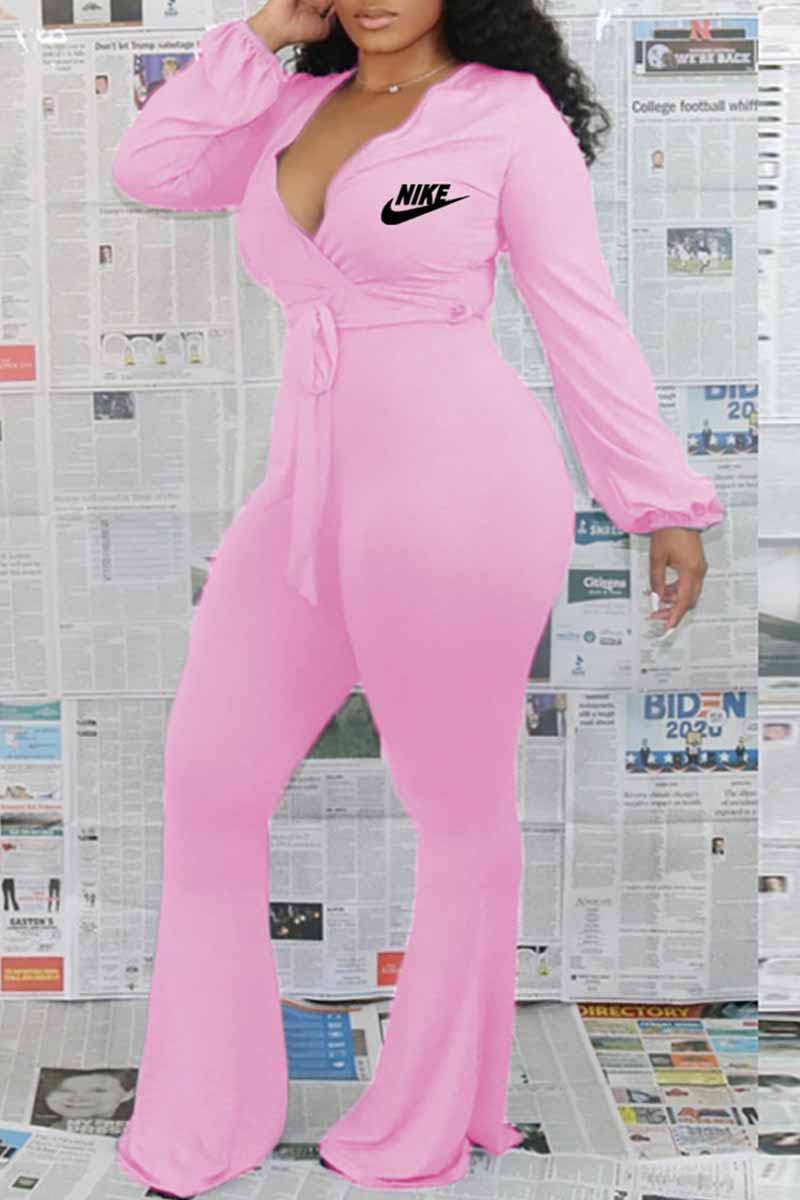 

Pink Fashion Sexy Print Letter V Neck Jumpsuits