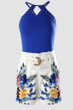 Blue Casual Print Patchwork Beading O Neck Sleeveless Two Pieces