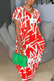 Red Fashion Casual Print Patchwork O-Ausschnitt langes Kleid Plus Size Kleider