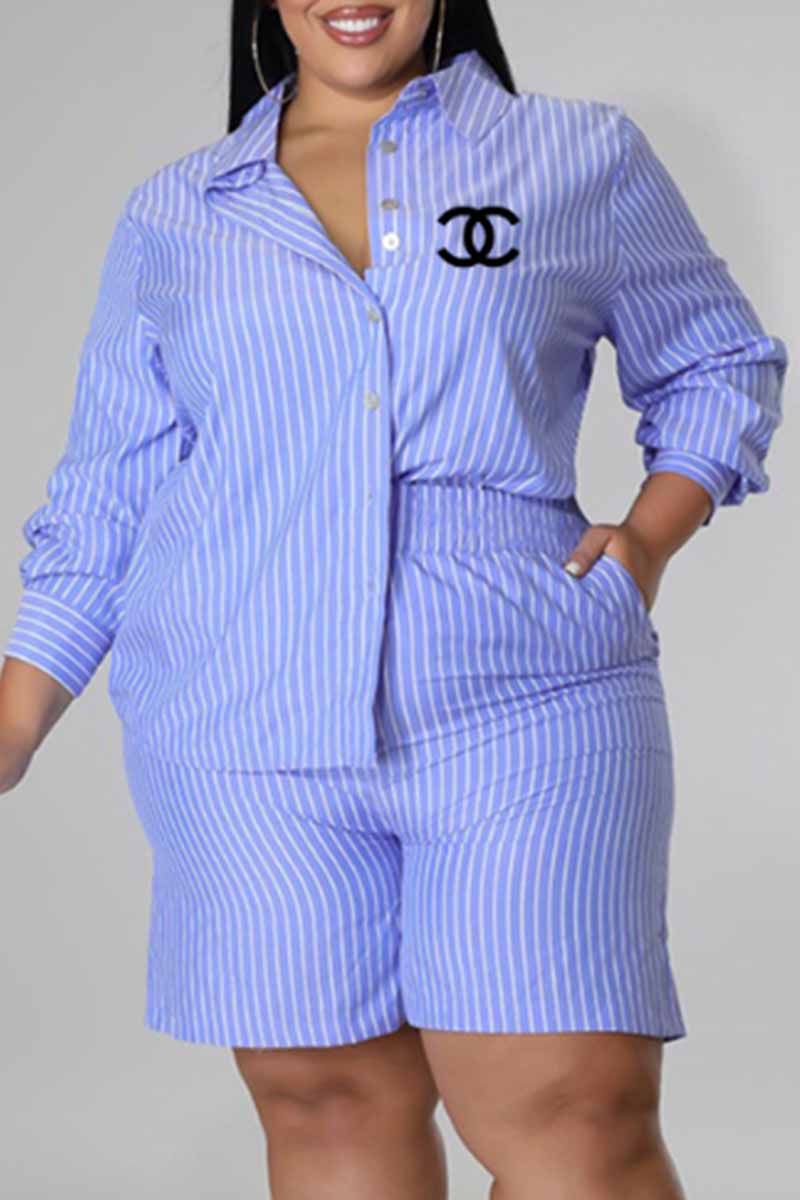 

Blue Fashion Casual Striped Print Letter Turndown Collar Plus Size Two Pieces