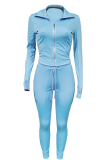 Sky Blue Casual Solid Draw String Turndown Collar Long Sleeve Two Pieces