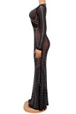 Черное сексуальное сплошное лоскутное прозрачное длинное платье с горячей дрелью и V-образным вырезом Платья