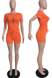 Orange Fashion Print Patchwork O Neck Short Sleeve Two Pieces