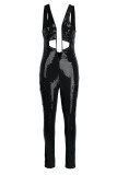 Zwarte sexy effen uitgeholde patchwork skinny jumpsuits met spaghettibandjes