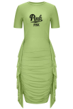 Зеленые повседневные платья-юбки-карандаши с кисточками и круглым вырезом с принтом