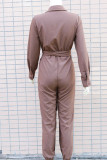 Brown Casual Solid Bandage Patchwork V Neck Straight Jumpsuits