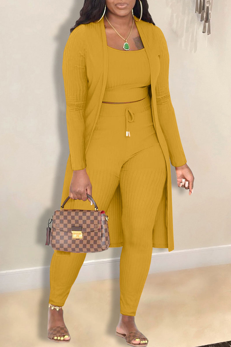 

Yellow Casual Solid Patchwork Long Sleeve Three Pieces