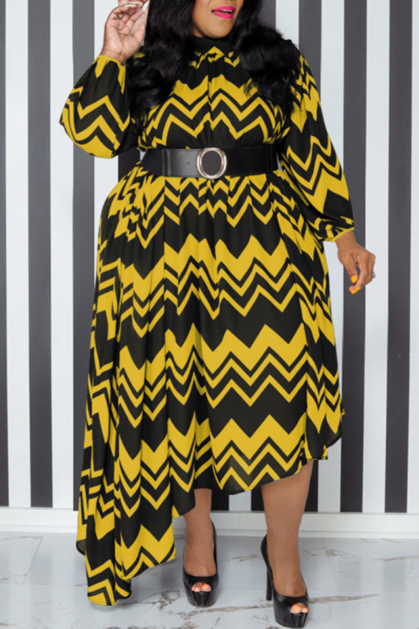 Gele casual print patchwork met riem O-hals onregelmatige jurk Grote maten jurken