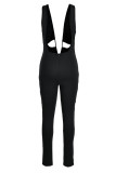 Black Sexy Solid Hollowed Out Patchwork Spaghetti Strap Skinny Jumpsuits