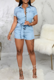 Baby Blue Casual Solid Patchwork Turndown Collar Straight Rompers