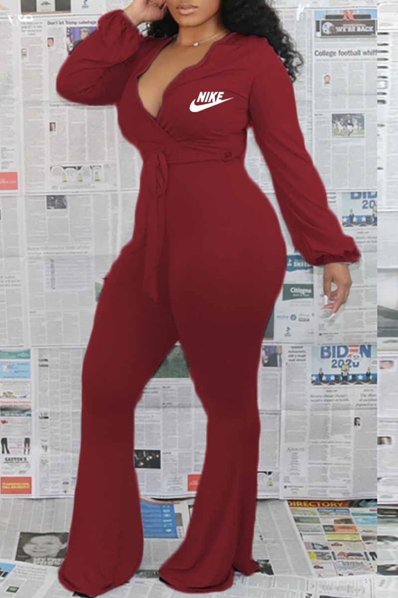 

Burgundy Fashion Sexy Print Letter V Neck Jumpsuits