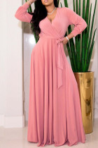 Pink Fashion Casual Solid Bandage V-Ausschnitt Langarm-Kleider