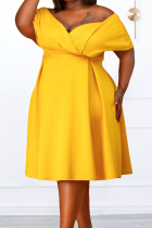 Vestidos de saia de bolo amarelo casual de patchwork sólido fora do ombro