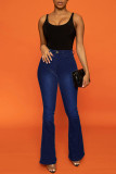 Calça jeans azul casual patchwork sólida cintura alta com corte de bota